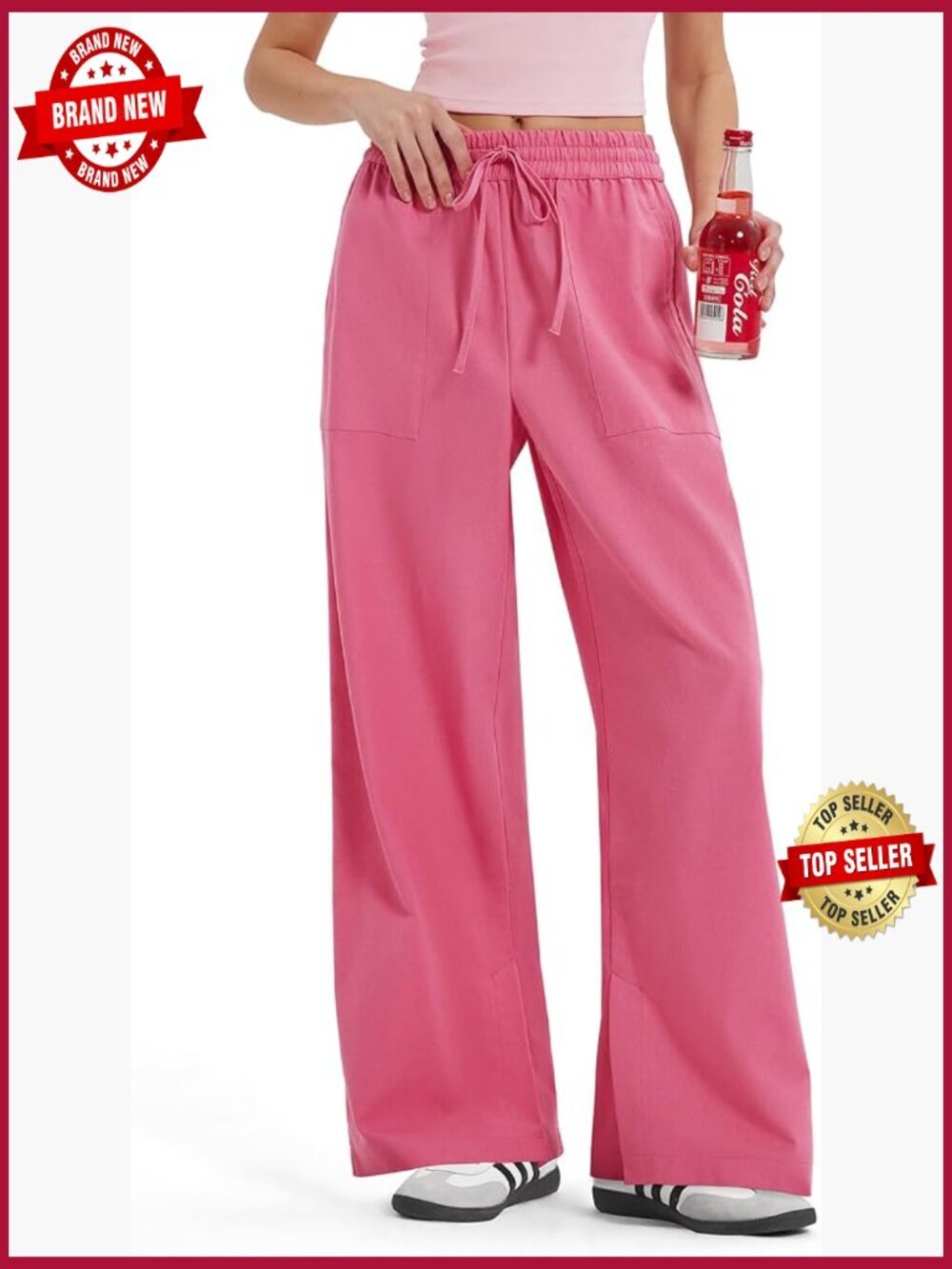 Linen Drawstring Dress Pants Business Casual Straight Leg Palazzo with Pockets